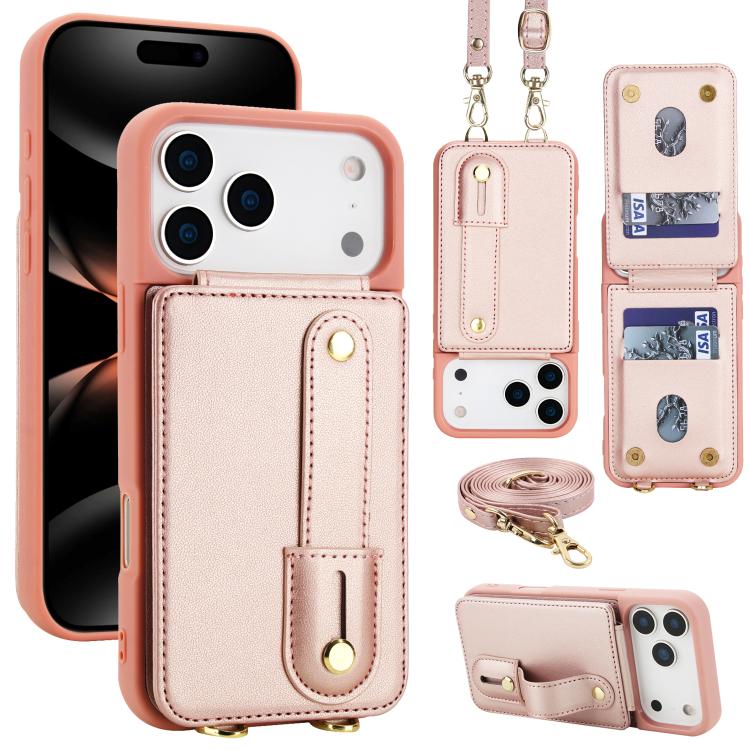 For iPhone 17 Pro Max Wristband Vertical Flip Wallet Back Cover Phone Case with Long Lanyard(Rose Gold)