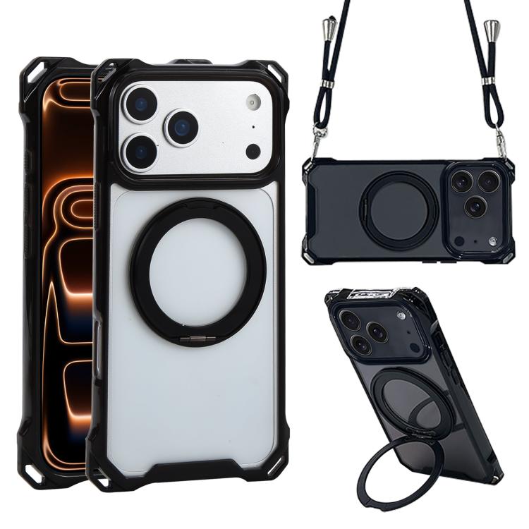For iPhone 17 Pro Max XDcase Pivot Stand Four-Corner Hole Magnetic Phone Case, Lanyard Not Included(Black)