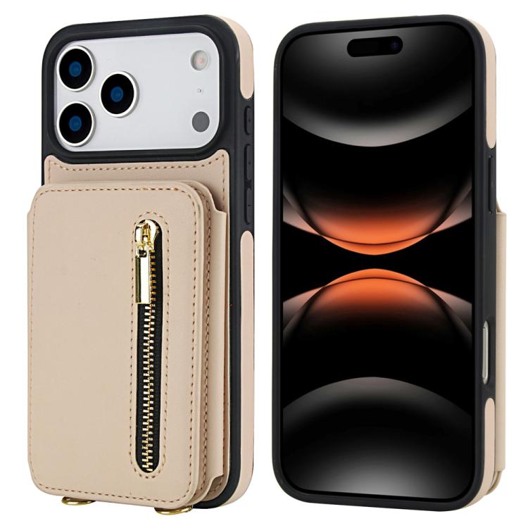 For iPhone 17 Pro Max YM006 Skin Feel Zipper Card Bag Phone Case with Dual Lanyard(Apricot)