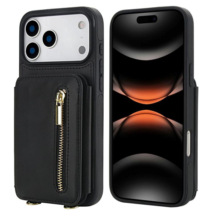 For iPhone 17 Pro Max YM006 Skin Feel Zipper Card Bag Phone Case with Dual Lanyard(Black)