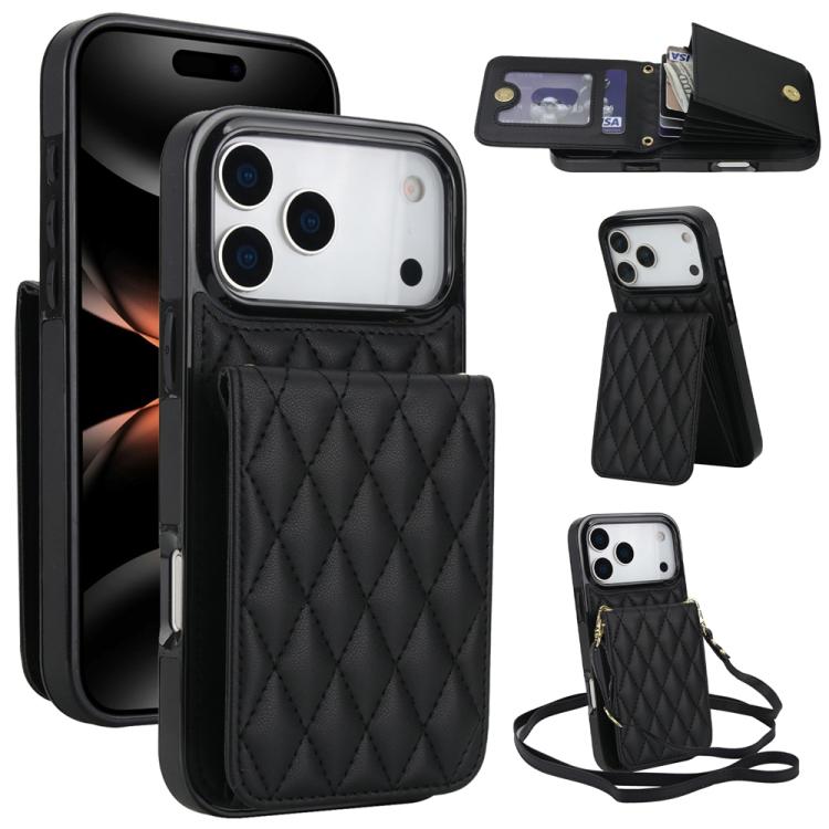 For iPhone 17 Pro Max YM015 Crossbody Rhombic Card Bag RFID Phone Case(Black)