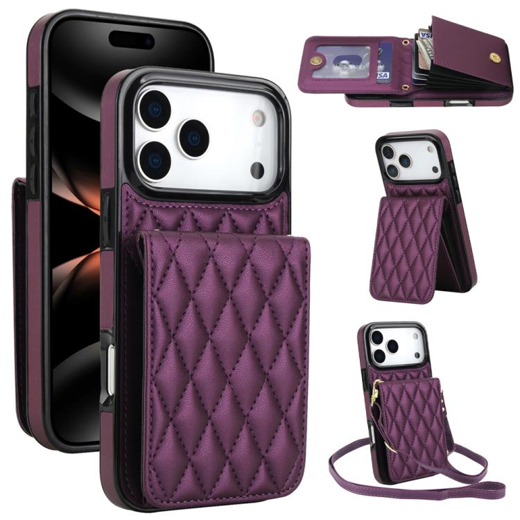 For iPhone 17 Pro Max YM015 Crossbody Rhombic Card Bag RFID Phone Case(Dark Purple)