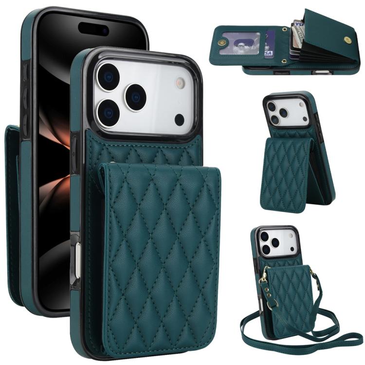 For iPhone 17 Pro Max YM015 Crossbody Rhombic Card Bag RFID Phone Case(Green)