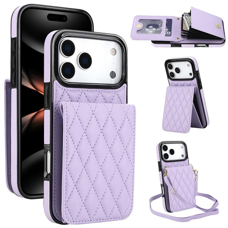For iPhone 17 Pro Max YM015 Crossbody Rhombic Card Bag RFID Phone Case(Light Purple)
