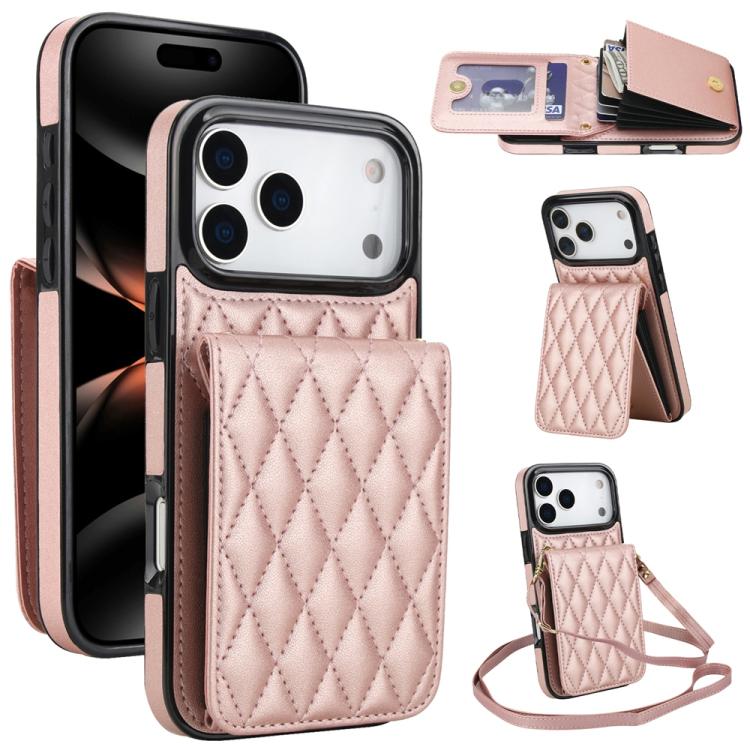 For iPhone 17 Pro Max YM015 Crossbody Rhombic Card Bag RFID Phone Case(Rose Gold)