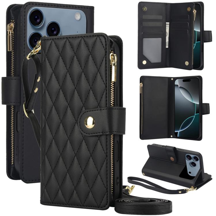 For iPhone 17 Pro Max YM016 Rhombic Zipper Card Wallet Leather Phone Case with Lanyard(Black)