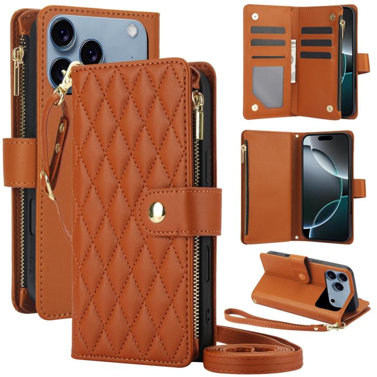For iPhone 17 Pro Max YM016 Rhombic Zipper Card Wallet Leather Phone Case with Lanyard(Brown)