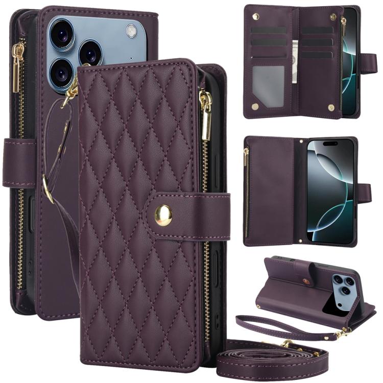 For iPhone 17 Pro Max YM016 Rhombic Zipper Card Wallet Leather Phone Case with Lanyard(Dark Purple)