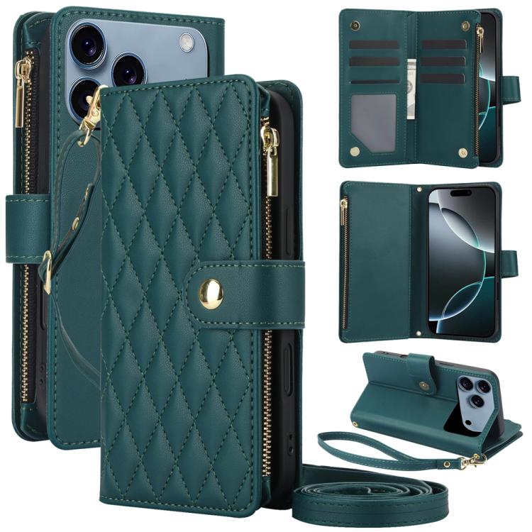 For iPhone 17 Pro Max YM016 Rhombic Zipper Card Wallet Leather Phone Case with Lanyard(Green)