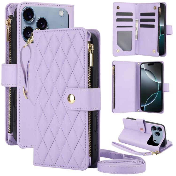 For iPhone 17 Pro Max YM016 Rhombic Zipper Card Wallet Leather Phone Case with Lanyard(Light Purple)