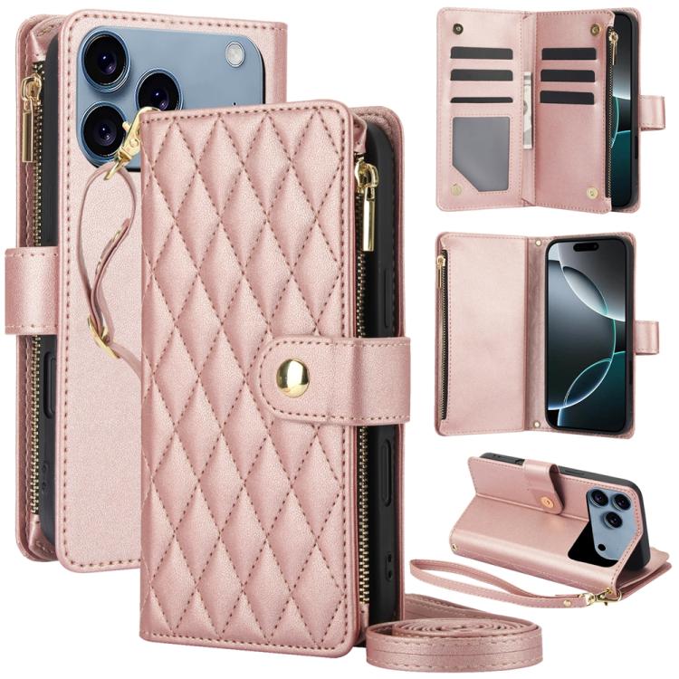 For iPhone 17 Pro Max YM016 Rhombic Zipper Card Wallet Leather Phone Case with Lanyard(Rose Gold)
