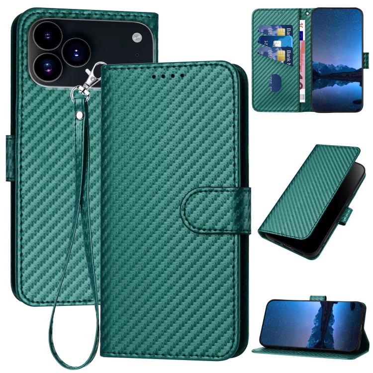 For iPhone 17 Pro Max YX0070 Carbon Fiber Buckle Leather Phone Case with Lanyard(Dark Green)