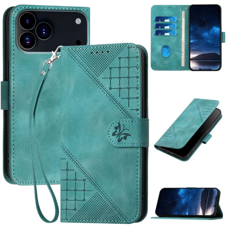 For iPhone 17 Pro Max YX0080 Grid Butterfly Embossed Pattern Flip Leather Phone Case with Lanyard(Light Blue)