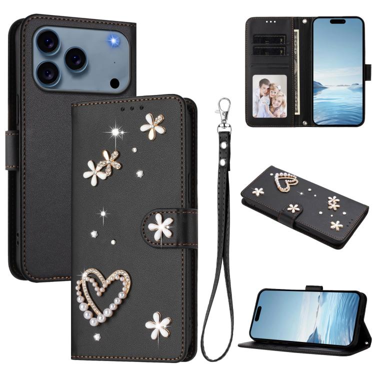 For iPhone 17 Pro Max ZS01 Double-Layer Heart Floral Vegan Leather Phone Case with Wrist Strap(Black)