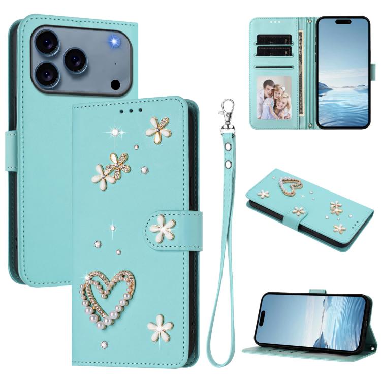 For iPhone 17 Pro Max ZS01 Double-Layer Heart Floral Vegan Leather Phone Case with Wrist Strap(Mint Green)