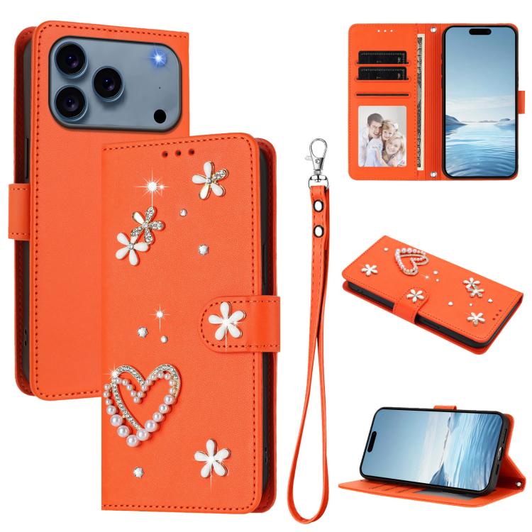 For iPhone 17 Pro Max ZS01 Double-Layer Heart Floral Vegan Leather Phone Case with Wrist Strap(Orange)