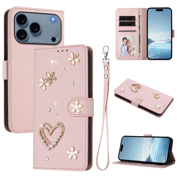 For iPhone 17 Pro Max ZS01 Double-Layer Heart Floral Vegan Leather Phone Case with Wrist Strap(Pink)