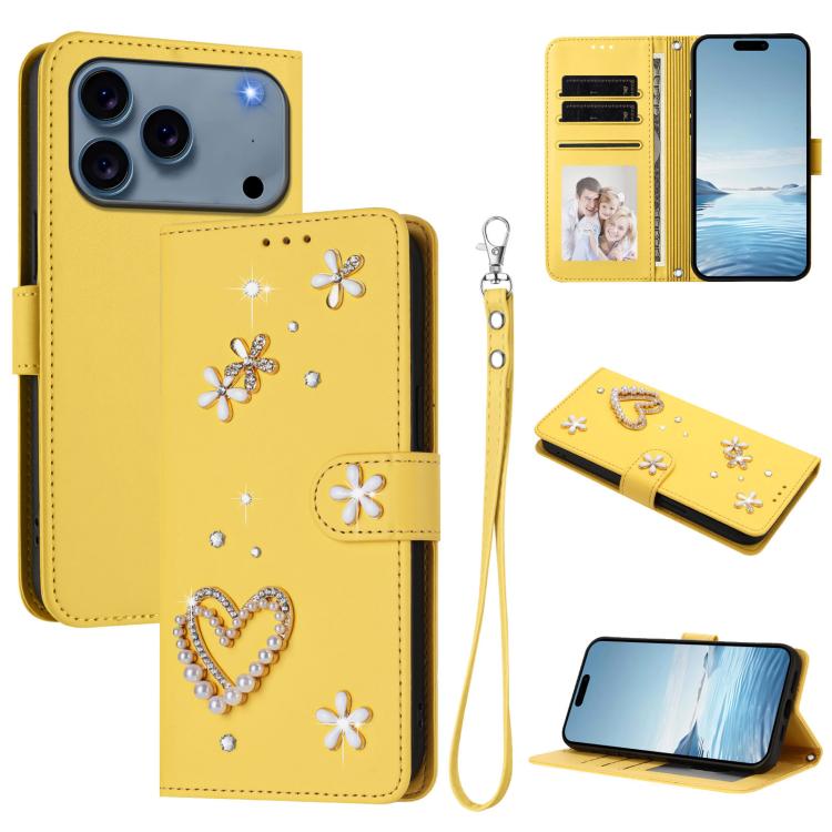 For iPhone 17 Pro Max ZS01 Double-Layer Heart Floral Vegan Leather Phone Case with Wrist Strap(Yellow)