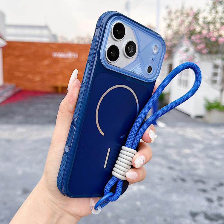 For iPhone 17 Pro Mecha Style Change to 17 Magnetic Phone Case with Wrist Strap(Blue)