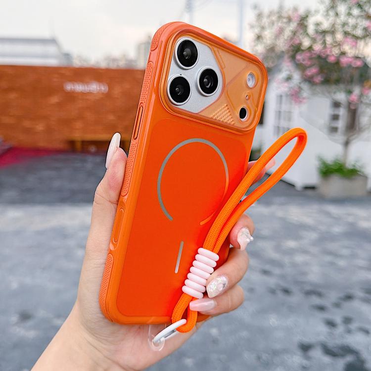 For iPhone 17 Pro Mecha Style Change to 17 Magnetic Phone Case with Wrist Strap(Orange)