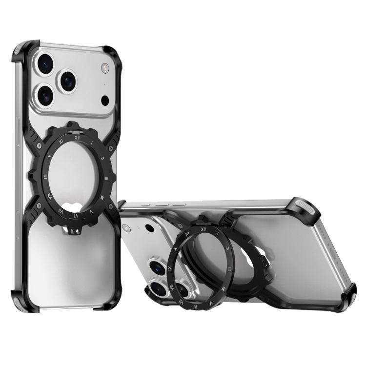 For iPhone 17 Pro Mechanical Gear MagSafe Holder Borderless Metal Phone Case(Black)