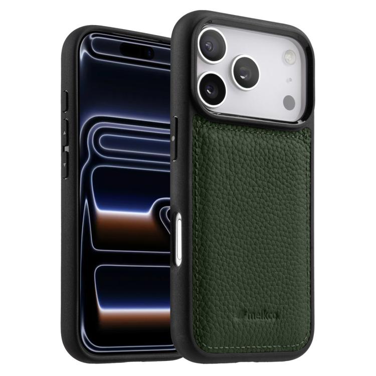 For iPhone 17 Pro melkco Litchi Texture Full Coverage Genuine Leather Hybrid PC Phone Case(Dark Green)