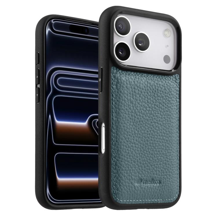 For iPhone 17 Pro melkco Litchi Texture Full Coverage Genuine Leather Hybrid PC Phone Case(Light Blue)