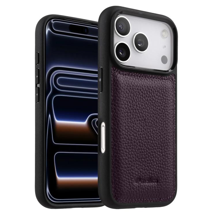 For iPhone 17 Pro melkco Litchi Texture Full Coverage Genuine Leather Hybrid PC Phone Case(Purple)