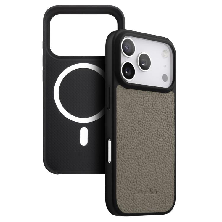 For iPhone 17 Pro melkco Litchi Texture Magnetic Full Coverage Genuine Leather Hybrid PC Phone Case(Grey)