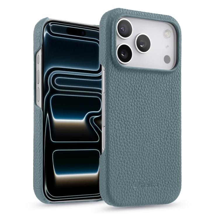 For iPhone 17 Pro melkco Litchi Texture Magnetic Half Coverage Genuine Leather Phone Case(Light Blue)