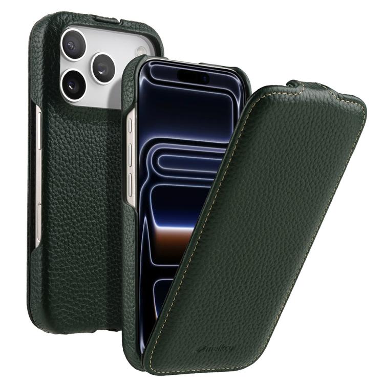 For iPhone 17 Pro melkco Litchi Texture Vertical Flip Magnetic Genuine Leather Phone Case(Dark Green)
