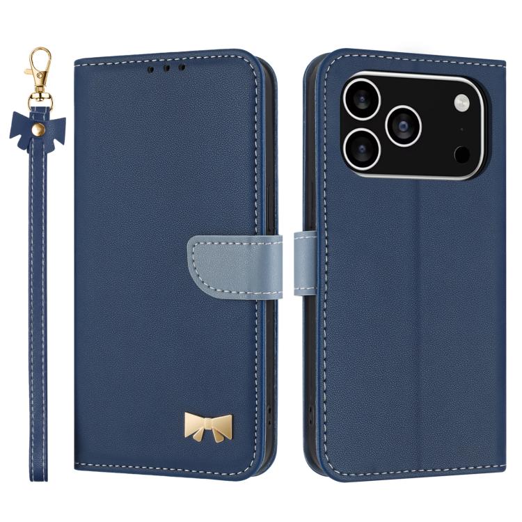 For iPhone 17 Pro Metal Bow Leather Phone Case with Hand Strap(Dark Blue)