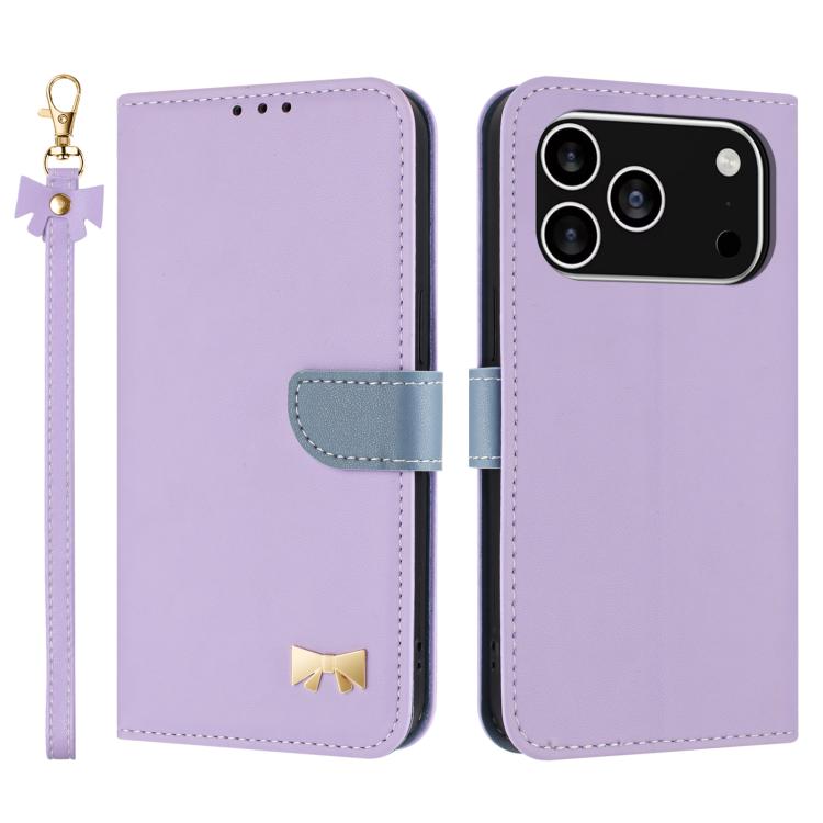 For iPhone 17 Pro Metal Bow Leather Phone Case with Hand Strap(Purple)