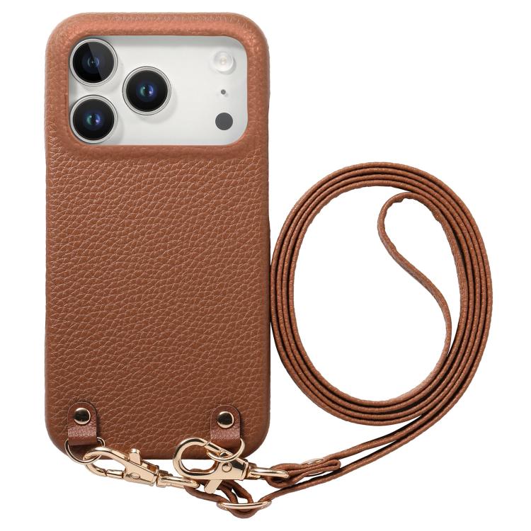 For iPhone 17 Pro Metal Buckle Crossbody Lanyard Litchi Texture PU Back Phone Case(Brown)