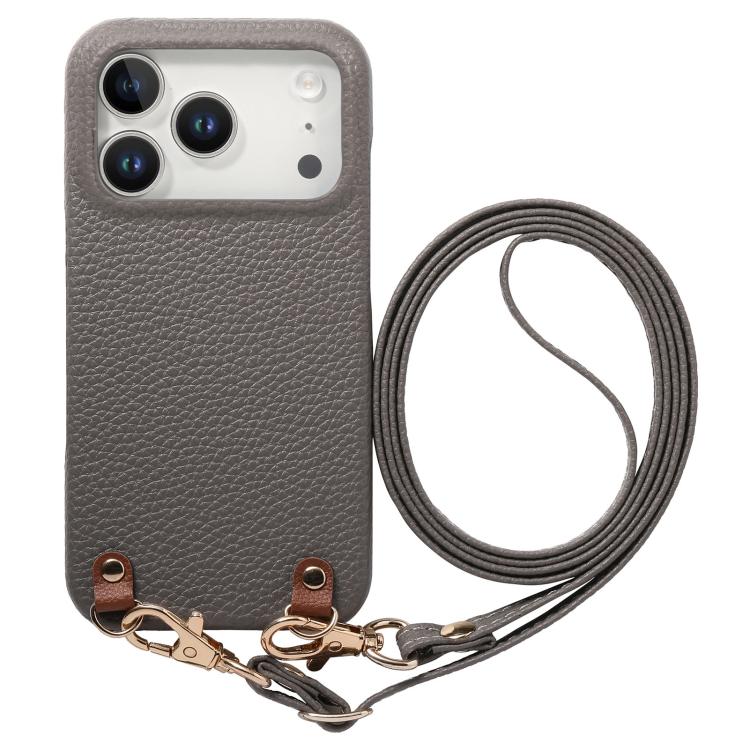 For iPhone 17 Pro Metal Buckle Crossbody Lanyard Litchi Texture PU Back Phone Case(Gray)