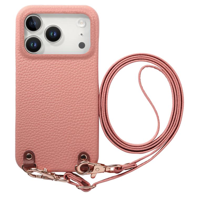 For iPhone 17 Pro Metal Buckle Crossbody Lanyard Litchi Texture PU Back Phone Case(Pink)