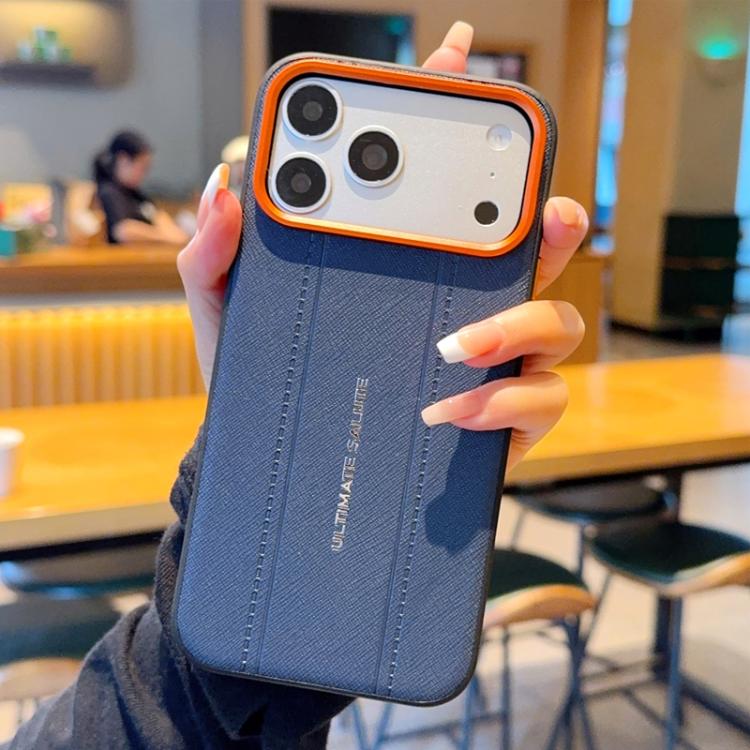 For iPhone 17 Pro Metal Camera Lens Frame Buttons Vegan Leather Phone Case(Blue)