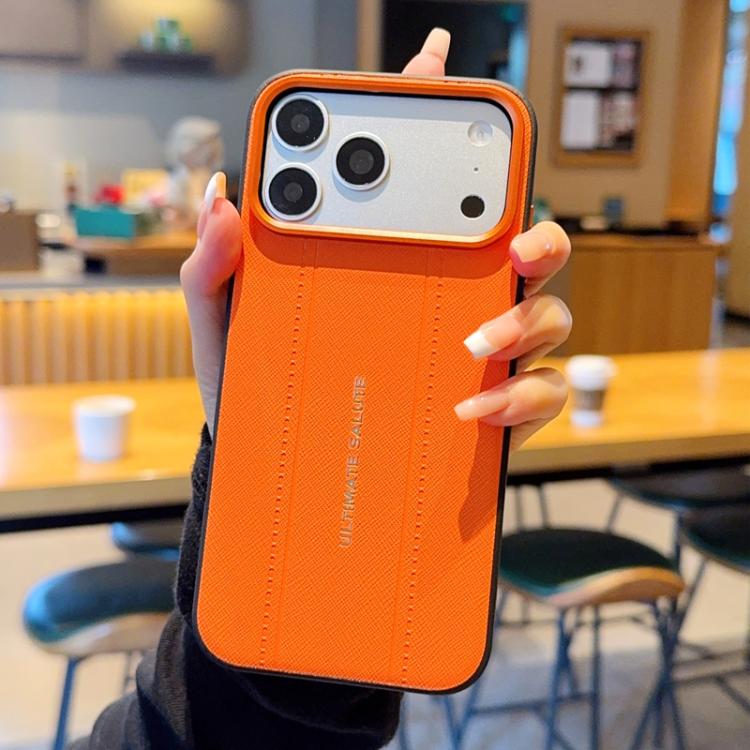 For iPhone 17 Pro Metal Camera Lens Frame Buttons Vegan Leather Phone Case(Orange)