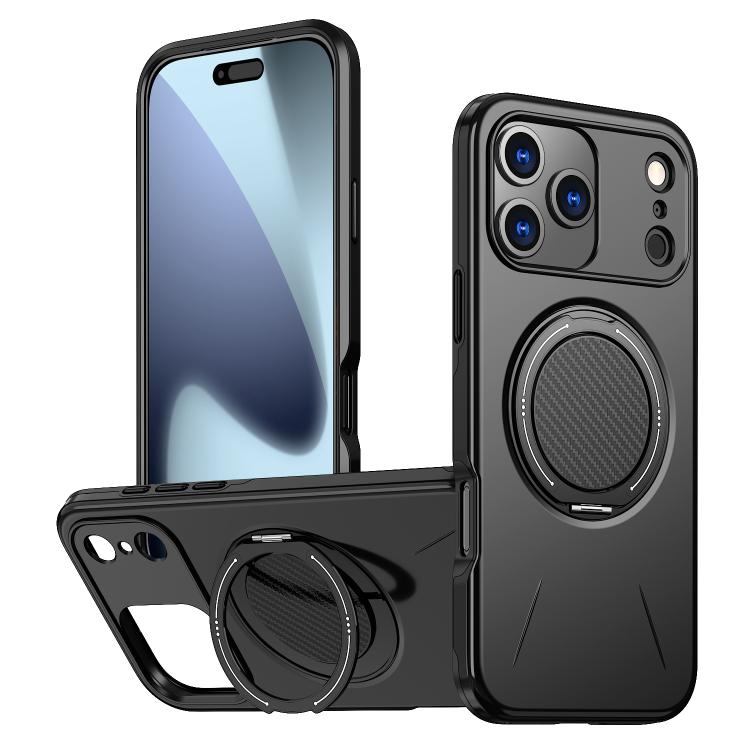 For iPhone 17 Pro Metal Rotation Holder MagSafe TPU Hybrid PC Phone Case(Black)