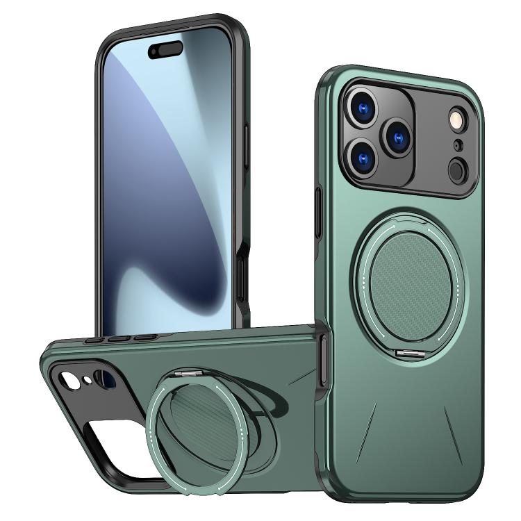 For iPhone 17 Pro Metal Rotation Holder MagSafe TPU Hybrid PC Phone Case(Grey Green)
