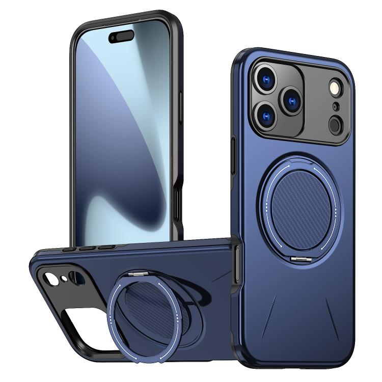 For iPhone 17 Pro Metal Rotation Holder MagSafe TPU Hybrid PC Phone Case(Navy Blue)