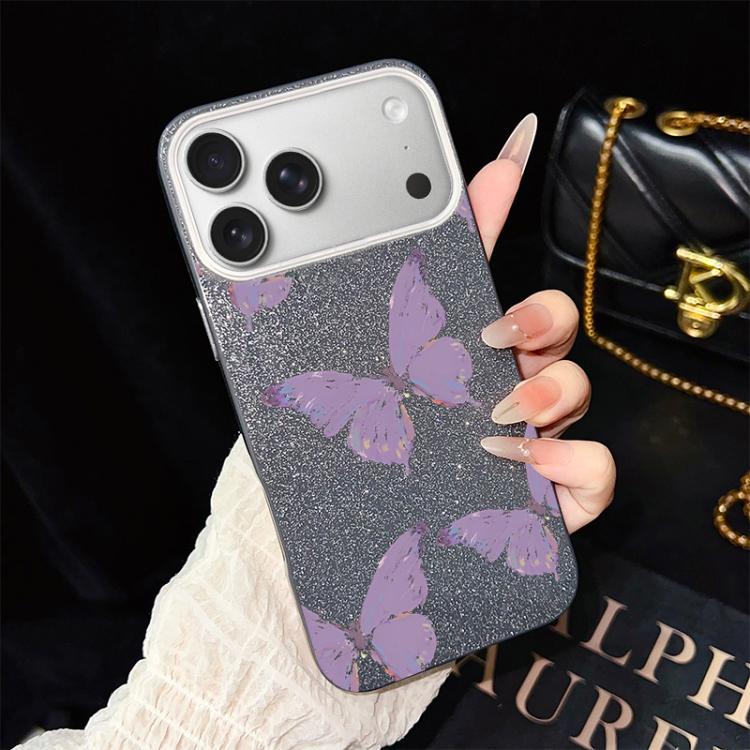 For iPhone 17 Pro Minimalist Purple Butterflies Pattern IMD Glitter PC Hybrid TPU Phone Case(Black)