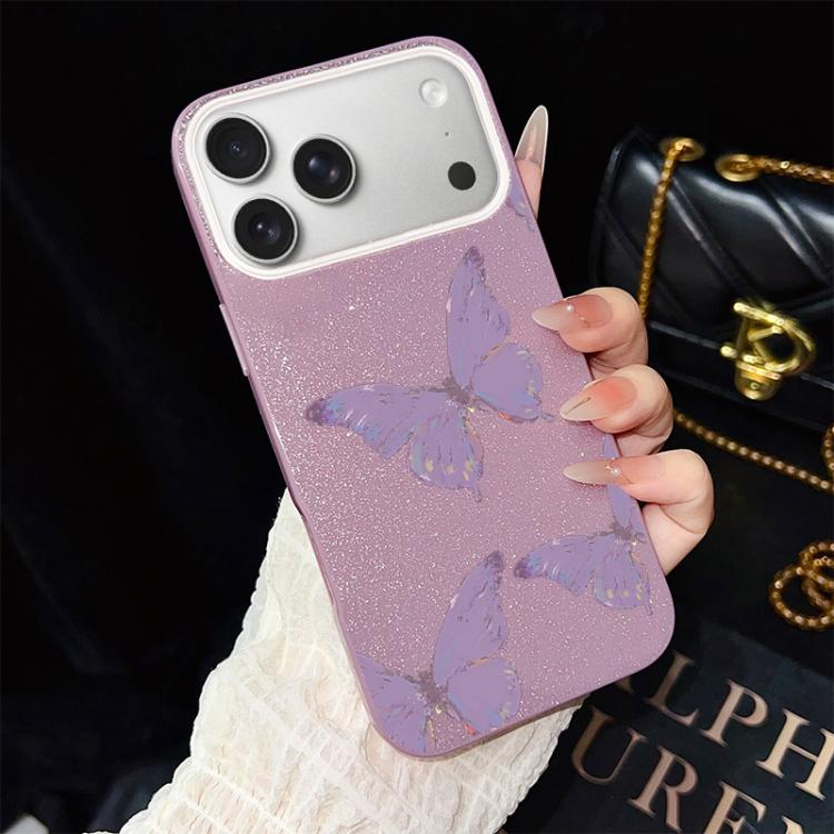 For iPhone 17 Pro Minimalist Purple Butterflies Pattern IMD Glitter PC Hybrid TPU Phone Case(Purple)
