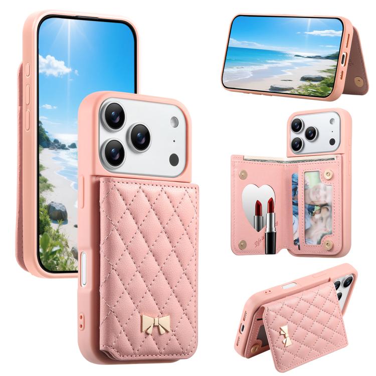 For iPhone 17 Pro Mirror Rhombic Texture Metal Bow-knot Vegan Leather Card Bag Phone Case(Pink)