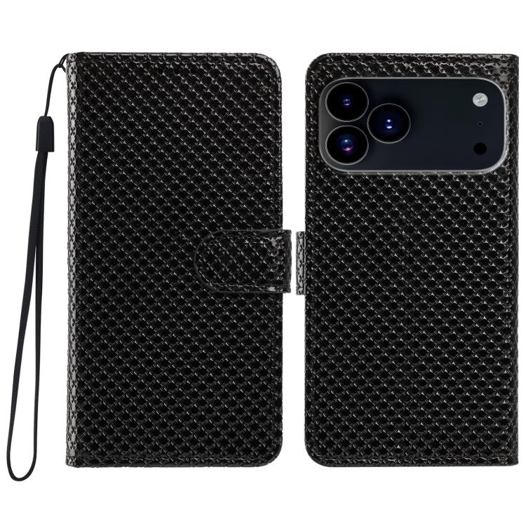For iPhone 17 Pro Mirrored Buckle Vegan Leather Phone Case with Small Black Cord(Black)