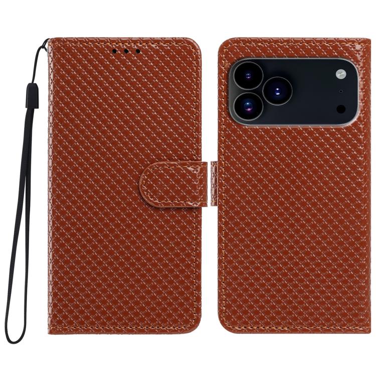 For iPhone 17 Pro Mirrored Buckle Vegan Leather Phone Case with Small Black Cord(Brown)