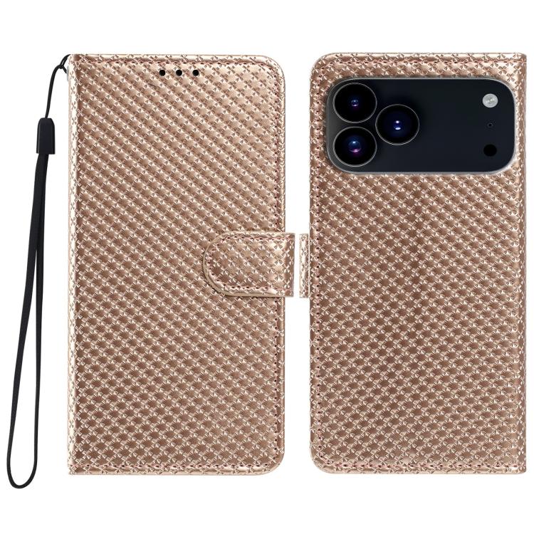 For iPhone 17 Pro Mirrored Buckle Vegan Leather Phone Case with Small Black Cord(Gold)