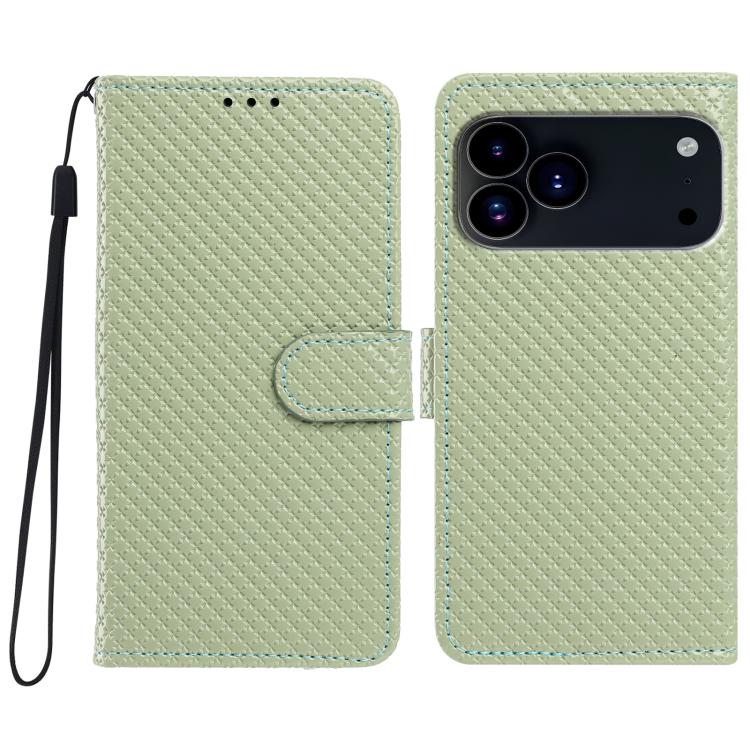 For iPhone 17 Pro Mirrored Buckle Vegan Leather Phone Case with Small Black Cord(Green)