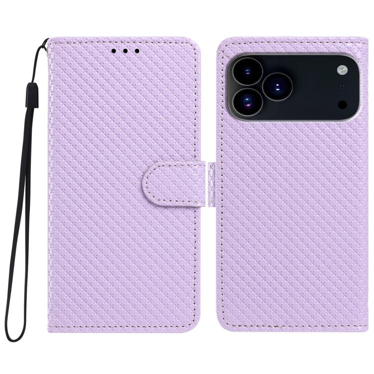 For iPhone 17 Pro Mirrored Buckle Vegan Leather Phone Case with Small Black Cord(Purple)