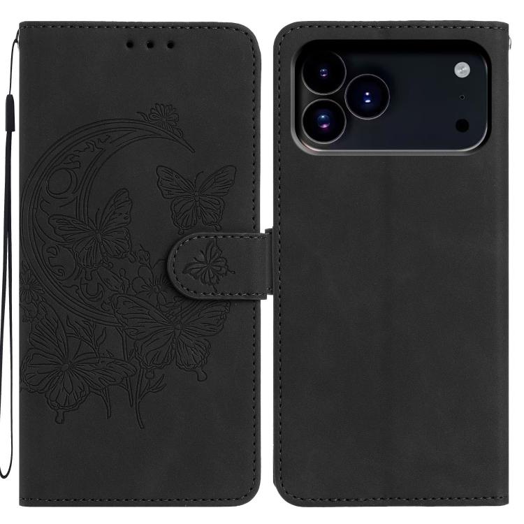 For iPhone 17 Pro Moonlit Butterfly Dance Pattern Embossed Leather Phone Case(Black)